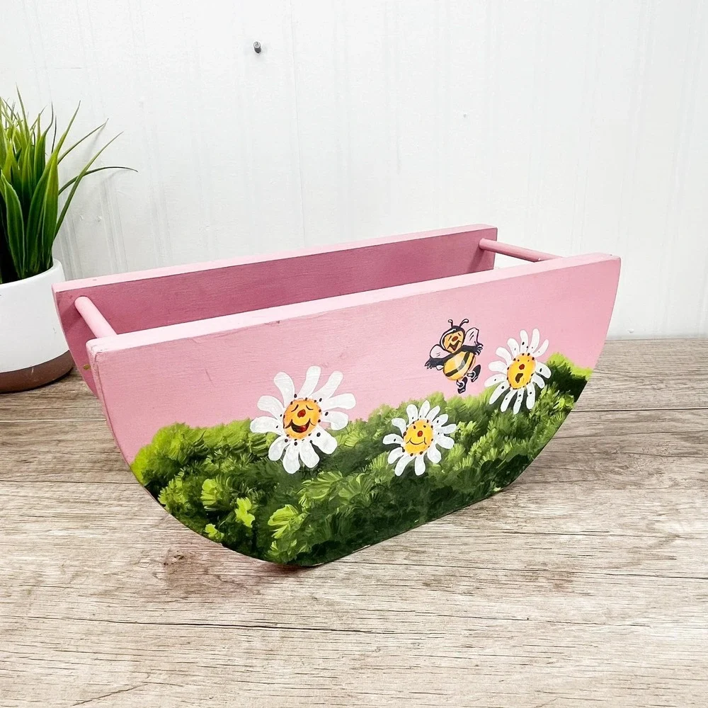 Vintage Wooden Shelf with Painted Bee & Daisies: Play Haus Whimsical Decor